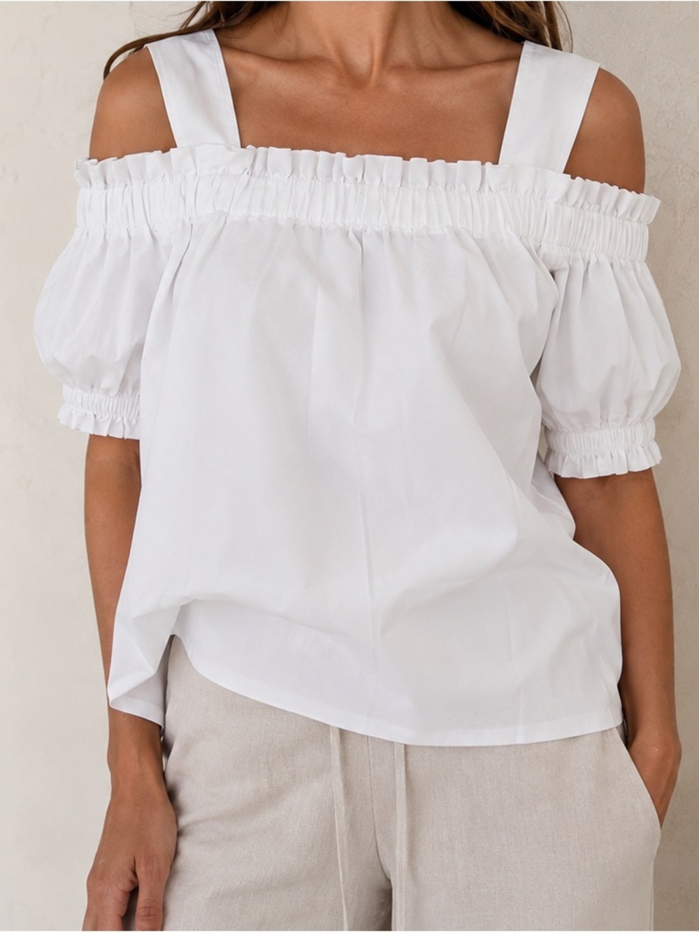 & Other Stories White Off Shoulder Puff Sleeve Cotton Blouse US 6